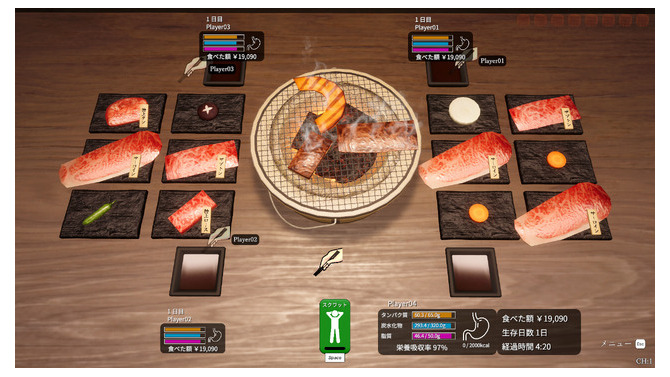 焼肉の食材でどれだけ生き残れるか？『焼肉パーティーサバイバル』Steamでリリース―栄養バランスも重要、満腹になったらスクワットで運動だ