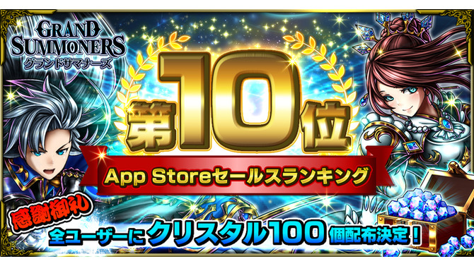 『グランドサマナーズ』App Storeセールスランキング10位達成！記念でクリスタル100個を緊急配布