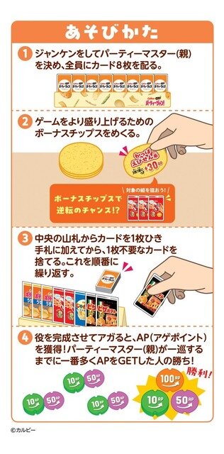 カルビーの人気スナックで役をあがり「アゲー！」と宣言！アゲアゲな勝者を目指す絵合わせボードゲーム『Calbee サクッと！パーティージャン』3月中旬発売