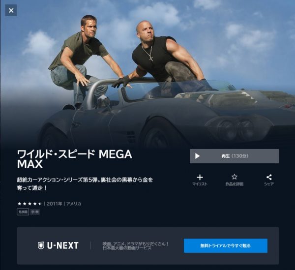 映画 ワイルド・スピードMEGA MAX 無料配信動画 U-NEXT